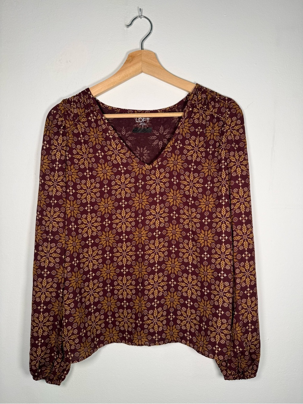 LOFT Burgundy and Mustard Floral V-Neck Long Sleeve Top